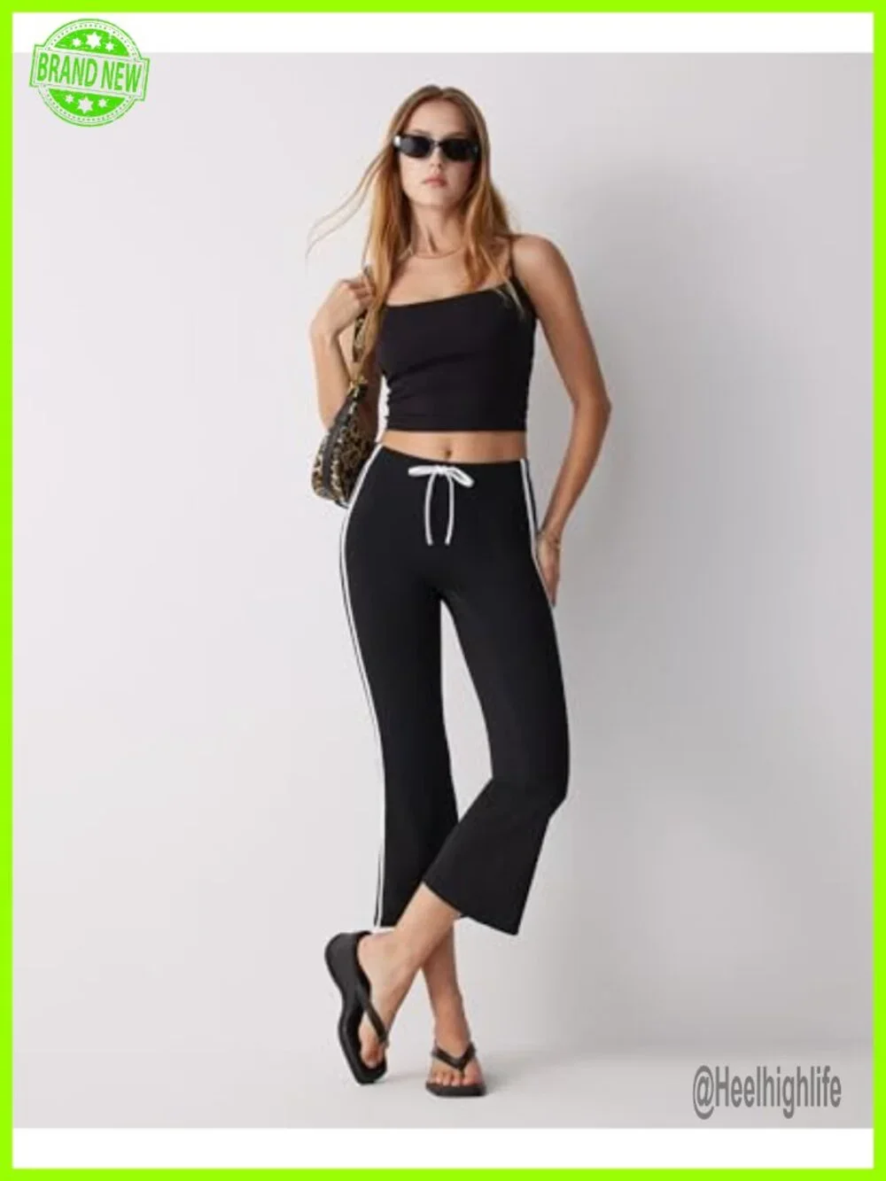 High Waisted Flare Capri Yoga Pants Side Stripe Drawstring Bootcut Cropped